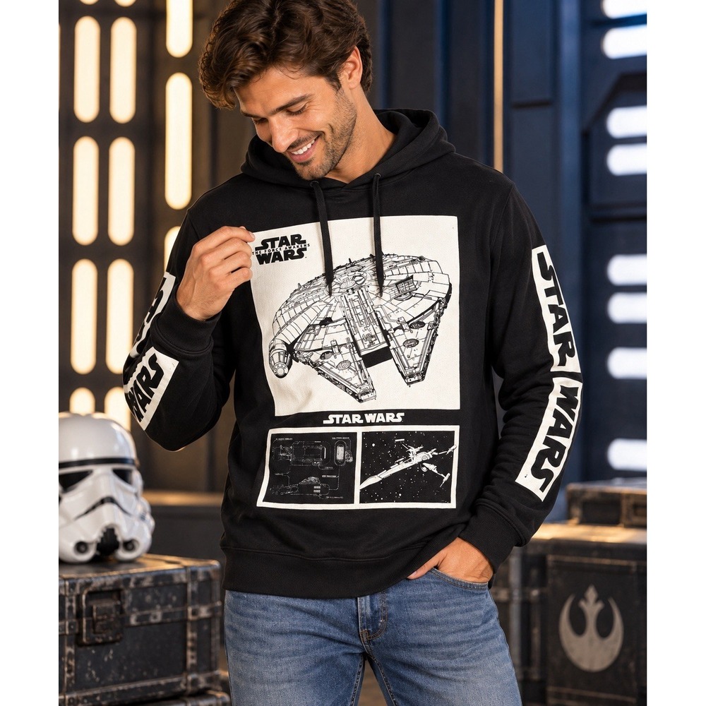 H&M Divided Star Wars Millennium Falcon Hoodie Mens M Black Graphic Pullover